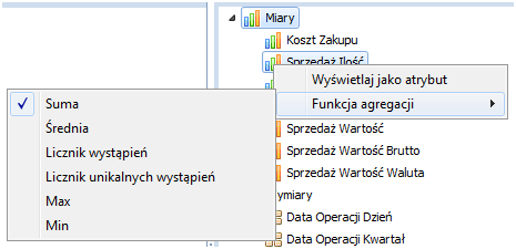 4.3.2.1 Zmiana typu elementu raportu Przy pierwszym uruchomieniu raportu otrzymamy propozycję podziału elementów na miary i wymiary.