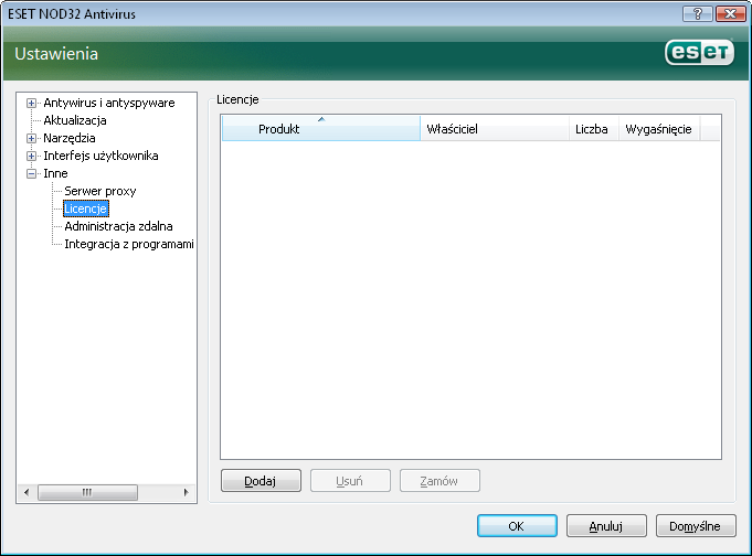 4.9 Licencje Część Licencje umożliwia zarządzanie kluczami licencyjnymi programu ESET NOD32 Antivirus i innych produktów firmy ESET.