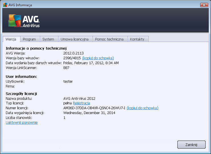 Karta Wersj a podzielona jest na trzy obszary: Informacj e o pomocy technicznej - Dostarcza informacji o wersjach: systemu AVG AntiVirus 2012, bazy wirusów, bazy danych składnika Anti-Spam oraz