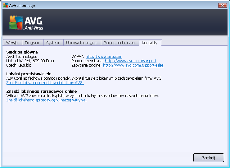 Karta Kontakt zawiera listę kontaktów do firmy AVG Technologies oraz jej lokalnych przedstawicieli i resellerów: 5.2.