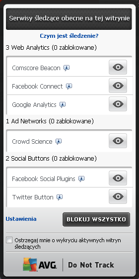 9.1. Interfejs AVG Do Not Track Gdy przeglądasz internet, funkcja AVG Do Not Track ostrzeże Cię, gdy tylko wykryje jakąkolwiek aktywność polegającą na gromadzeniu Twoich danych.