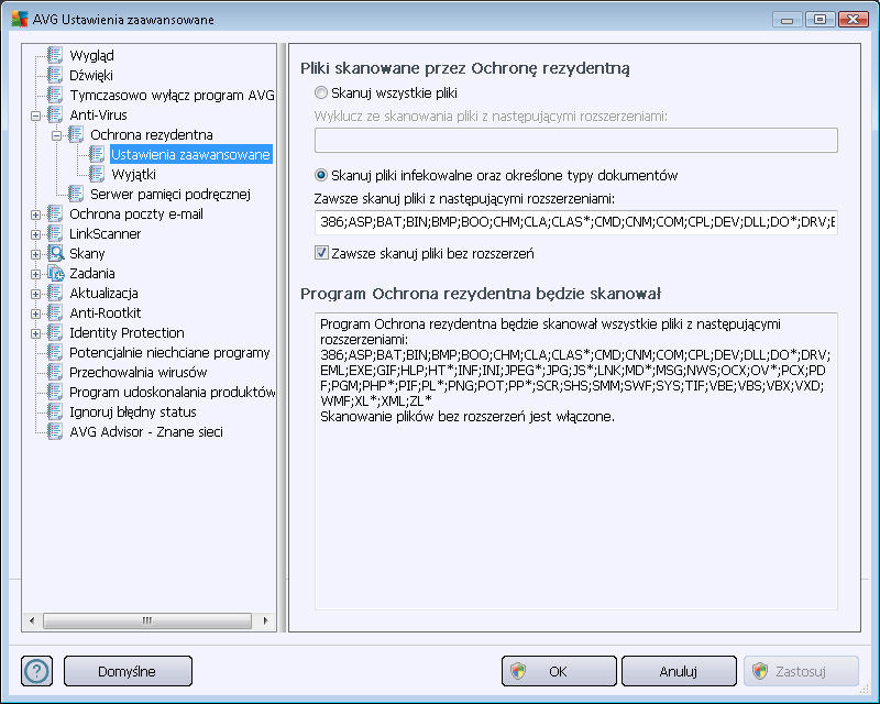 W oknie Pliki skanowane przez Ochronę Rezydentną można określić, które pliki mają być skanowane (według ich rozszerzeń): Zaznacz odpowiednie pole, w zależności od tego, czy chcesz skanować wszystkie