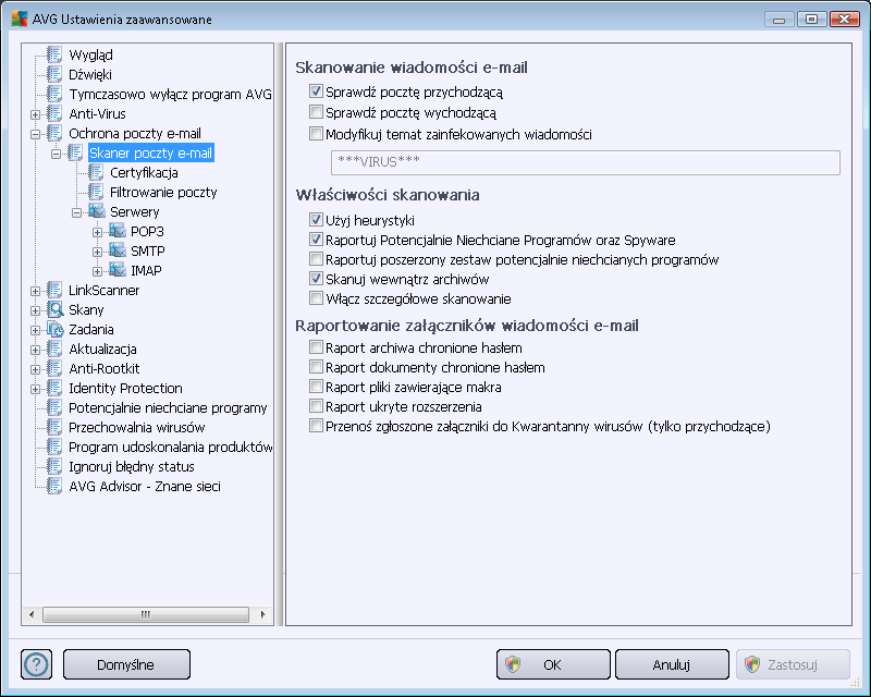 10.5. Ochrona poczty e-mail W sekcji Ochrona poczty e-mail możesz edytować konfigurację składników Skaner poczty e-mail oraz Anti-Spam: 10.5.1. Skaner poczty Okno Skaner poczty e-mail podzielone jest