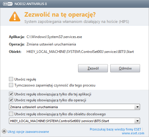 Jeżeli wybrano Pytaj jako działanie domyślne, za każdym razem przy uruchomieniu operacji ESET NOD32 Antivirus wyświetli okno dialogowe. Można wybrać Odmów lub Zezwól.