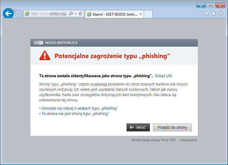 Wyświetlanie strony wykorzystywanej w atakach typu phishing Po przejściu do strony służącej do ataków typu phishing w przeglądarce internetowej zostanie wyświetlone następujące okno.