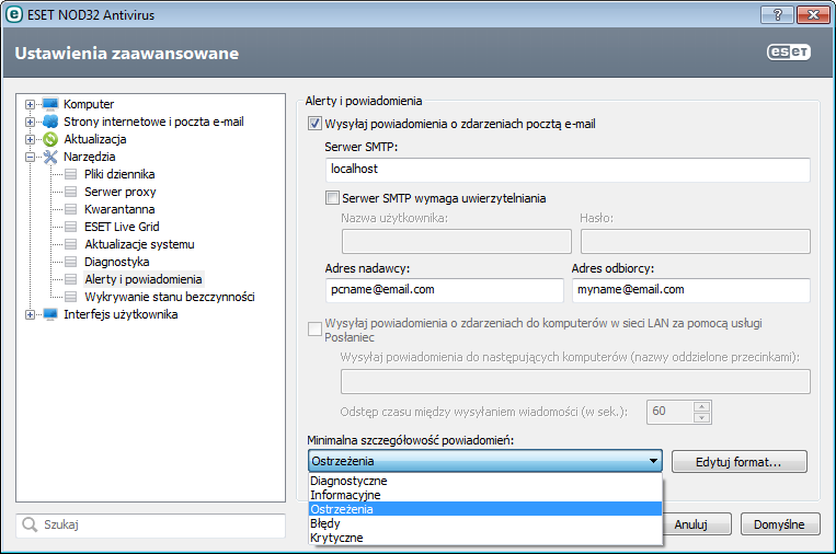 4.4.10 Alerty i powiadomienia Program ESET NOD32 Antivirus obsługuje wysyłanie wiadomości e-mail po wystąpieniu zdarzenia o wybranym poziomie szczegółowości.