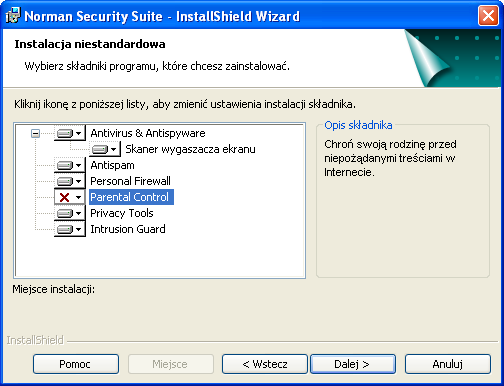 Instalacja Kreatorzy Personal Firewall Parental Control -- Musisz ręcznie wybrać ten produkt jeśli chcesz go zainstalować.
