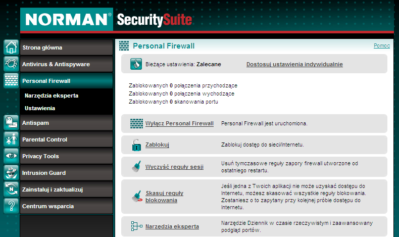 Personal Firewall Widok główny Personal Firewall Zakończ kreatora instalacji (patrz Kreator instalacji na stronie 12).