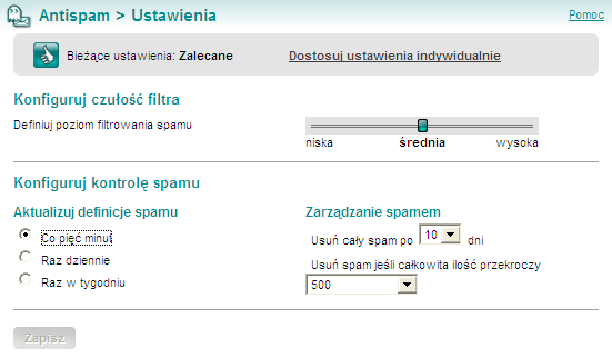 Antispam Ustawienia Ustawienia Tak, jak aplikacje antywirusowe używają plików definicji wirusów do wykrywania szkodliwego oprogramowania, rozwiązania antyspamowe używają plików definicji do