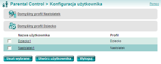 Parental Control Widok główny Konfiguracja użytkownika Utwórz użytkowników i przydziel im profile.