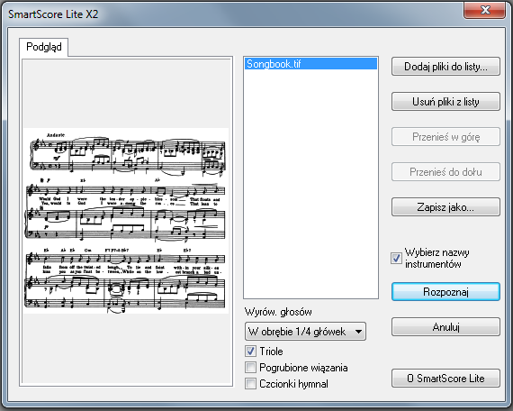! Zakładka podgląd: Zakładka Podgląd wyświetla listę stron i opcje rozpoznawania nut oraz obraz zaznaczonej strony. Lista stron do rozpoznania: Wielostronnicowe pliki.tif mogą zawierać wiele stron.