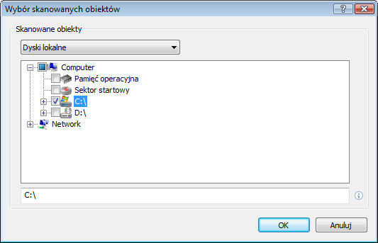 4.1.1.3.2 Skanowane obiekty W oknie Skanowane obiekty można określić, jakie obiekty (pamięć, dyski, sektory, pliki i foldery) będą sprawdzane w poszukiwaniu infekcji.
