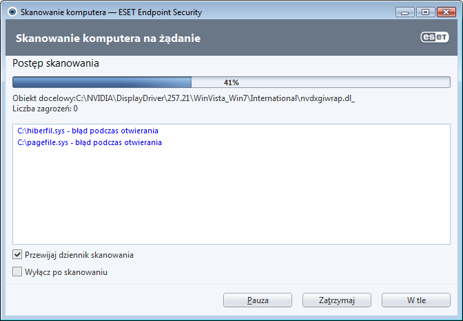 4.1.1.3.4 Postęp skanowania W oknie postępu skanowania wyświetlany jest bieżący stan skanowania oraz informacje dotyczące liczby znalezionych plików zawierających złośliwy kod.
