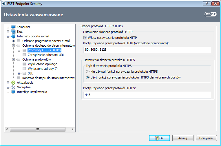 4.3.1.1 Protokoły HTTP i HTTPS Domyślnie program ESET Endpoint Security jest skonfigurowany pod kątem używania standardów obsługiwanych przez większość przeglądarek internetowych.