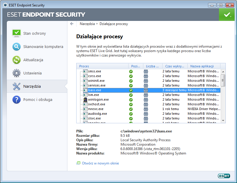4.6.7 Działaj ące procesy Funkcja Działające procesy wyświetla uruchomione na komputerze programy lub procesy oraz natychmiastowo i w sposób ciągły informuje firmę ESET o nowych infekcjach.