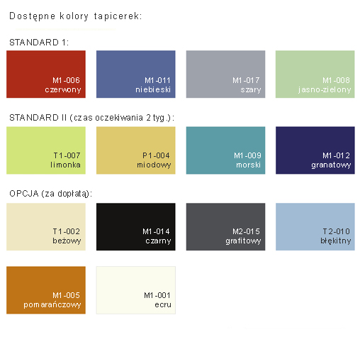 Kolory tapicerki stołów: Terapeuta M-S2.F0 M-S2.F4 M-S3.F0 M-S3.F4 M-S5.F0 M-S5.F4 M-P5.F0 M-P5.F4 M-S7.F0 M-S7.F4 M-P7.F0 M-P7.