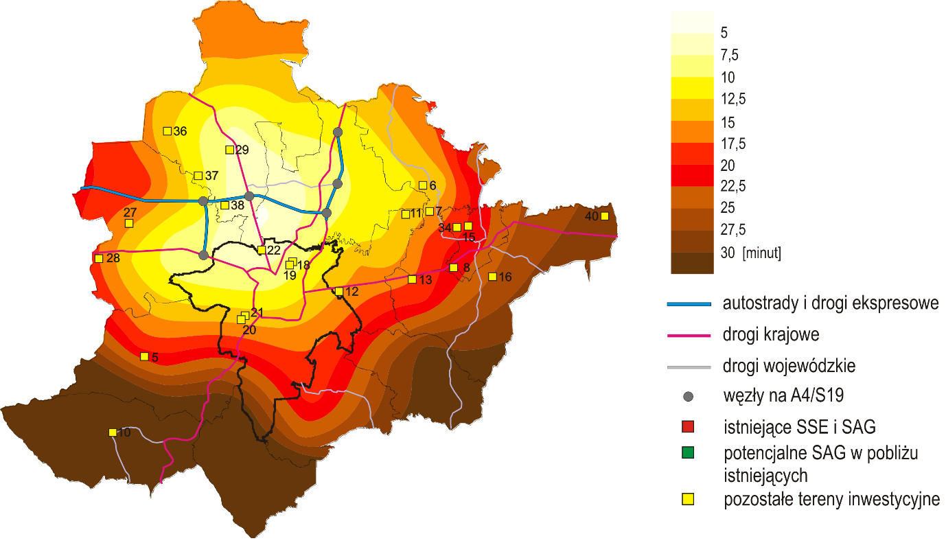 Rys. 44. Czas dojazdu samochodem do węzłów na autostradzie A4 w Rzeszowskim Obszarze Funkcjonalnym w 2014 r. na tle pozostałych terenów inwestycyjnych. Źródło: opracowanie własne. Rys. 45.