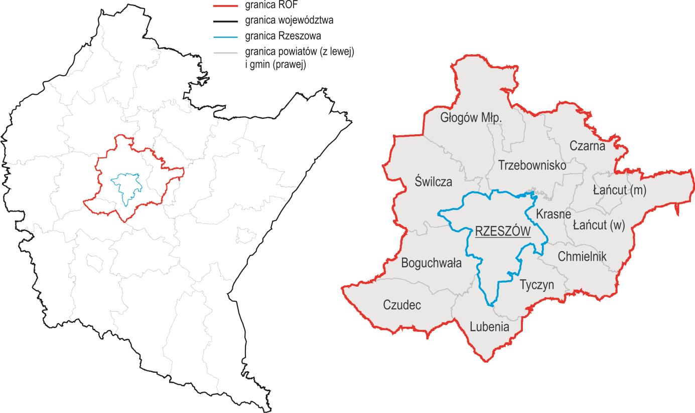 Rys. 1. Podział administracyjny Rzeszowskiego Obszaru Funkcjonalnego na powiaty i gminy w 2014 r.