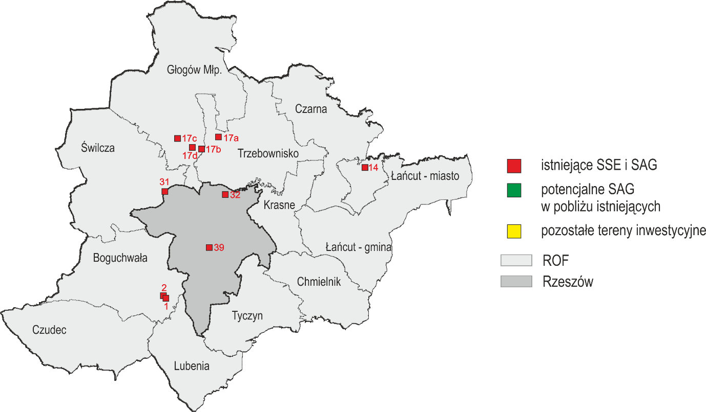 Rys. 27. Lokalizacja terenów należących do Specjalnych Stref Ekonomicznych i Stref Aktywności Gospodarczej w Rzeszowskim Obszarze Funkcjonalnym w 2014