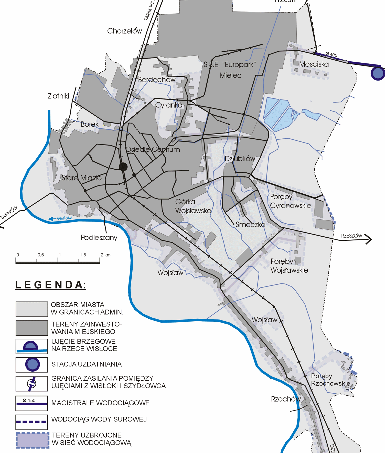 Rysunek 6. Infrastruktura wodociągowa na terenie Mielca Źródło: http://www.mielec.pl/urbanistyka.php?id=mapka03.