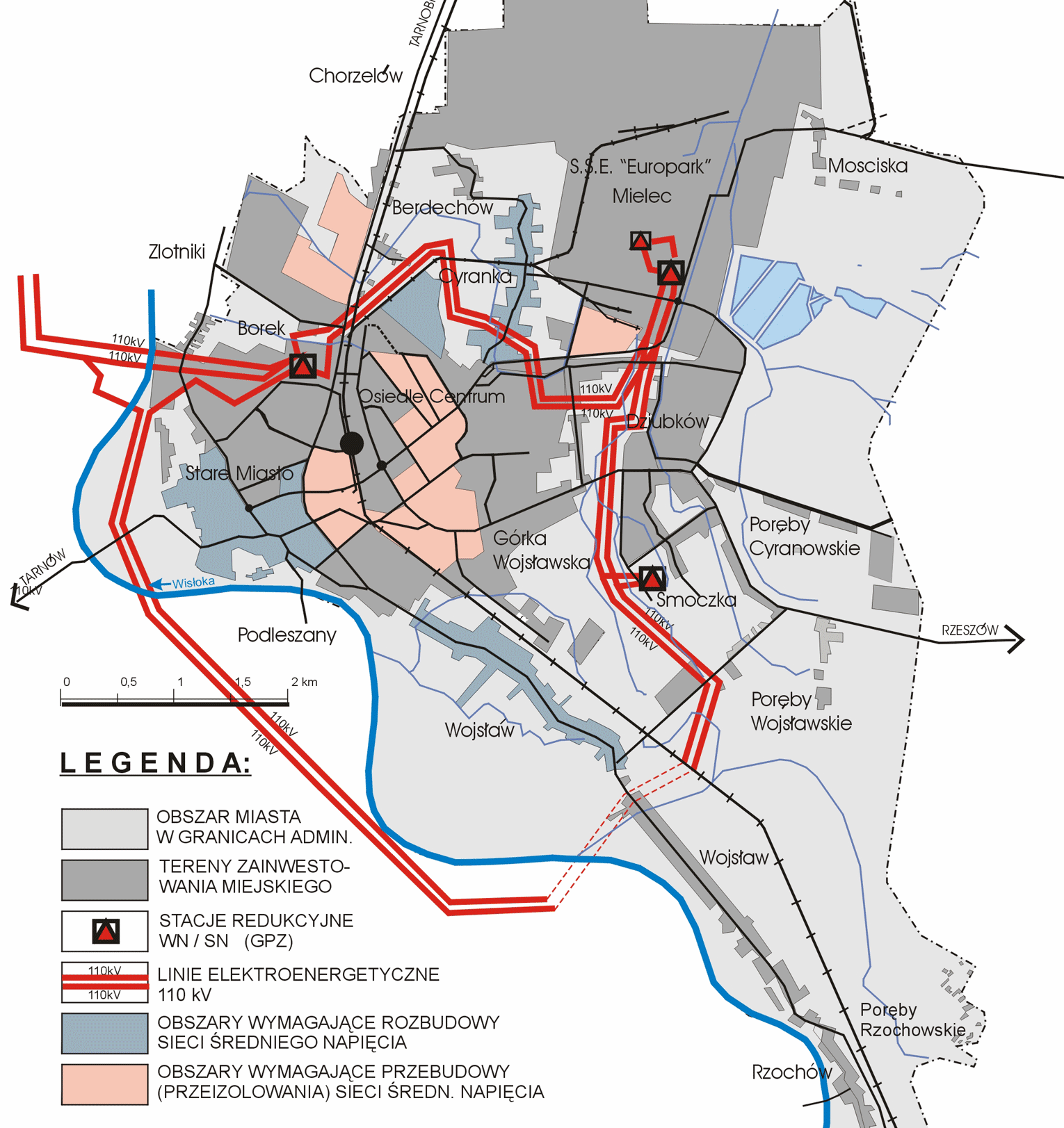 w szczególności wymagana jest w zakresie terenów przeznaczanych pod nowe osiedla mieszkaniowe. Rysunek 8. Infrastruktura zaopatrzenia w energię elektryczną na terenie Mielca Źródło: http://www.mielec.