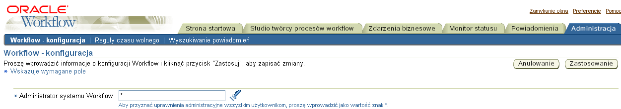 GUI: Autoryzacja: Administrator systemu lub Administrator procesów typu workflow Lub Aplikacje WWW administratora procesów typu workflow Funkcja: Workflow administrator -> monitor statusu Loguj się