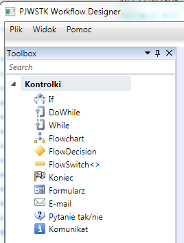 Rysunek 38. Widok zmodyfikowanego toolboxa Workflow Designer. Źródło: Opracowanie własne.