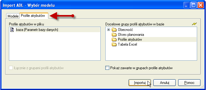 Po wybraniu opcji Import ADL należy wybrać plik zawierający modele do zaimportowania, wybrać, które modele z pliku chcemy zaimportować (domyślnie wybrane są wszystkie) i ustalić do jakiej grupy