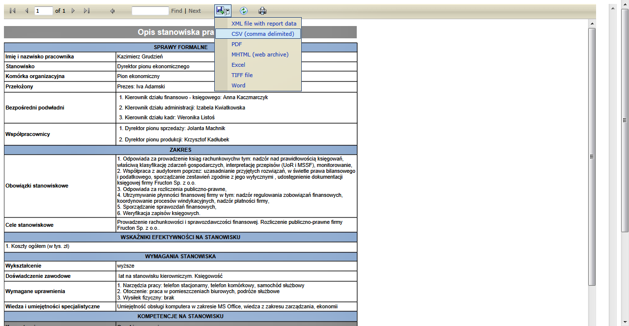 Rysunek 8 Fragment opisu stanowiska pracy w systemie Business Navigator ZAŁOŻENIA DO OCENY Komponent służy do parametryzowania oczekiwao co do kompetencji dla pracowników firmy.