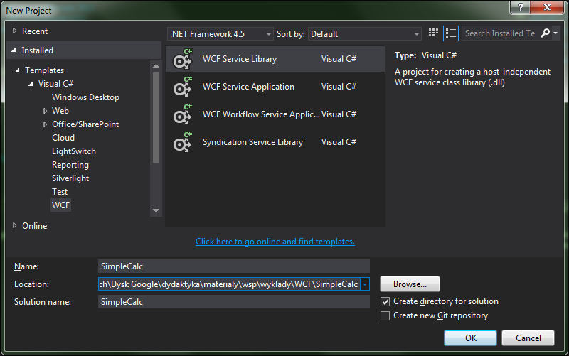 Zakładamy nową solucję Prosty kalkulator Klient Po otworzeniu Visual Studio File New Project (ctrl+shift+n)