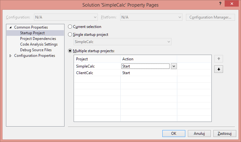 Dodatkowe ustawienia projektu Prosty kalkulator Klient W Solution Explorerze klikamy prawym klawiszem myszy na na Solucji i wybieramy Properties (Alt+Enter) Ustawiamy Multiple startup project