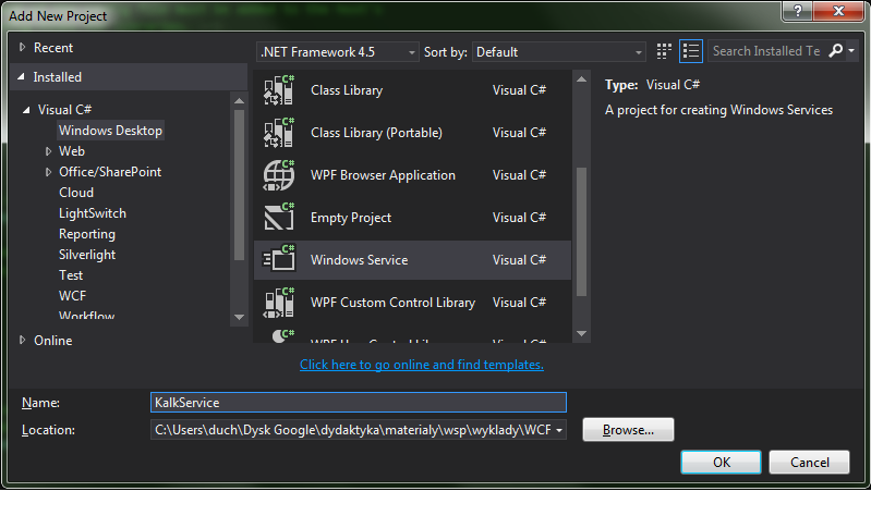 Nowy projekt Windows Service Self Hosting Usługi Windows Web Hosted Dodajemy nowy projekt typu Windows Service o