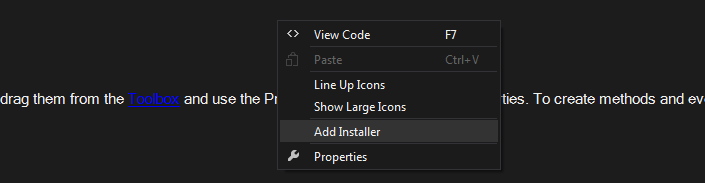 Dodanie instalatora Self Hosting Usługi Windows Web Hosted VS oferuje dodanie instalatora z poziomu Designera.