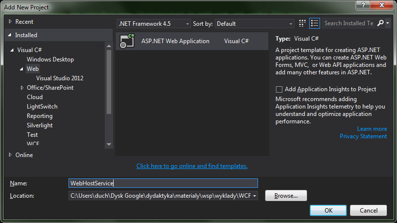 Nowy projekt Self Hosting Usługi Windows Web Hosted Dodajemy nowy projekt ASP.