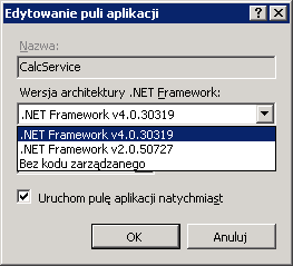 .Net 4? Self Hosting Usługi Windows Web Hosted Jeżeli w IIS w domyślnych ustawieniach puli aplikacji jest ustawiona wersja architektury.net Framework na 2.