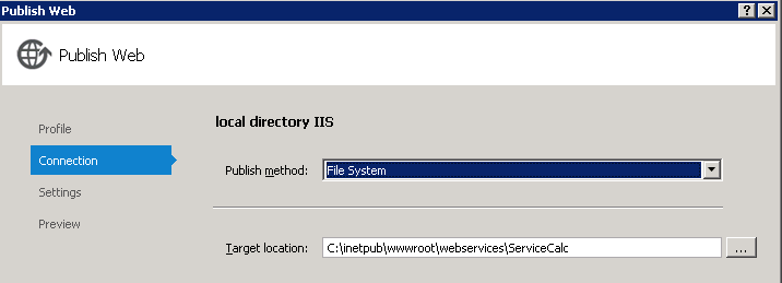 Self Hosting Usługi Windows Web Hosted Publikowanie - ustawienie połączenia Następnie należy wybrać sposób publikacji i miejsce docelowe.