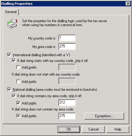 UWAGA 1. Program GFI FaxMaker może zastosować konfigurację wybierania tylko w przypadku numerów wprowadzonych w następującym formacie: +<country code> (<area code>) <fax number>.