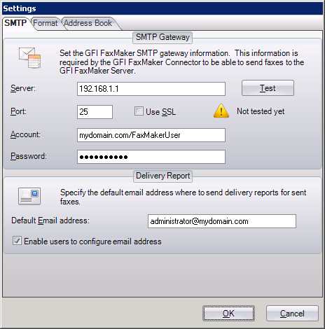 Zrzut ekranu 94: Ustawienia łącznika SMTP programu GFI FaxMaker Nuance ecopy ShareScan 4.
