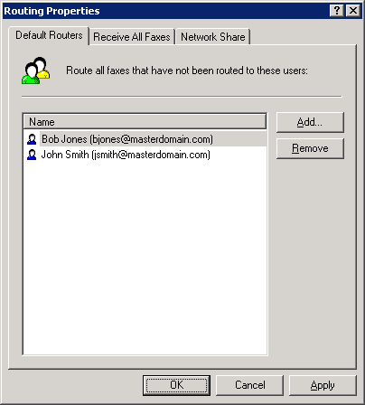 Zrzut ekranu 106: Domyślne osoby docelowe kierowania faksu 2. Wybierz kartę Default Routers. 3. Kliknij przycisk Add i określ użytkownika/skrzynkę pocztową, którzy będą otrzymywać niekierowane faksy.