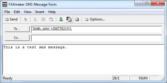 Zrzut ekranu 113: Tworzenie wiadomości SMS w internetowym kliencie SMS 10.1.3 Metoda 3: Korzystanie z klienta programu GFI FaxMaker Aby wysłać wiadomość SMS, użyj ekranu Formularz wiadomości SMS programu GFI FaxMaker.