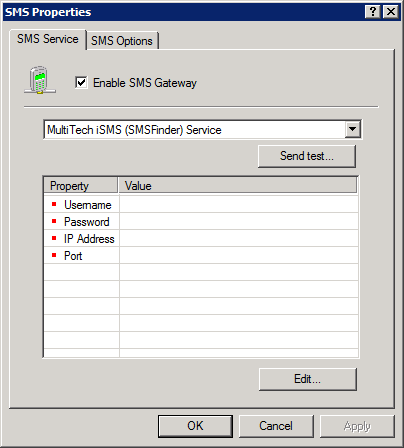 Zrzut ekranu 117: Konfigurowanie serwera wiadomości SMS programu MultiTech isms 3.