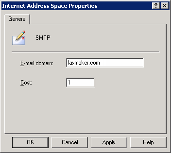 Zrzut ekranu 3: Określanie domeny faxmaker.com 9. W oknie dialogowym Internet Address Space Properties wpisz wartość faxmaker.com w polu tekstowym E-mail domain. Kliknij przycisk OK.