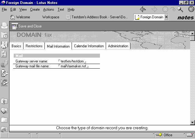 Zrzut ekranu 8: Opcja domena faksu 6. W opcji Getaway server name wprowadź nazwę serwera, na którym znajduje się skrzynka pocztowa programu GFI FaxMaker (na przykład faks\gfi). 7.
