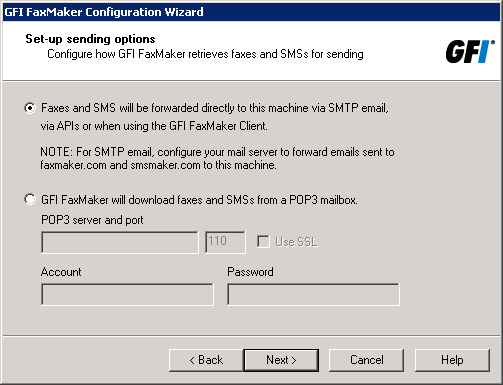 Zrzut ekranu 31: Ustawianie opcji wysyłania 3. Jeśli program GFI FaxMaker nie został zainstalowany na komputerze z programem Microsoft Exchange 2003 lub nowszym, skonfiguruj opcje serwera poczty.