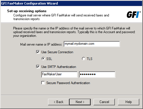 Zrzut ekranu 32: Kreator wyświetli monit o podanie nazwy serwera poczty. 4. Określ szczegółowe dane serwera poczty, do którego program GFI FaxMaker przekazuje odebrane wiadomości e-mail.