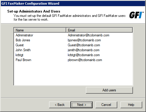Zrzut ekranu 35: Określanie użytkowników 10. Określ użytkowników i administratorów programu GFI FaxMaker w zależności od środowiska katalogu użytkowników.