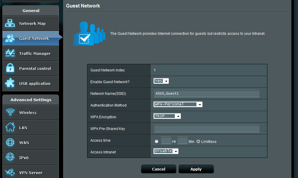 4. Kliknij przycisk Yes (Tak) dla opcji Enable Guest Network? (Włączyć sieć gościnną?). 5. Przypisz swojej sieci tymczasowej nazwę sieci bezprzewodowej w polu Network Name (Nazwa sieci) (SSID). 6.