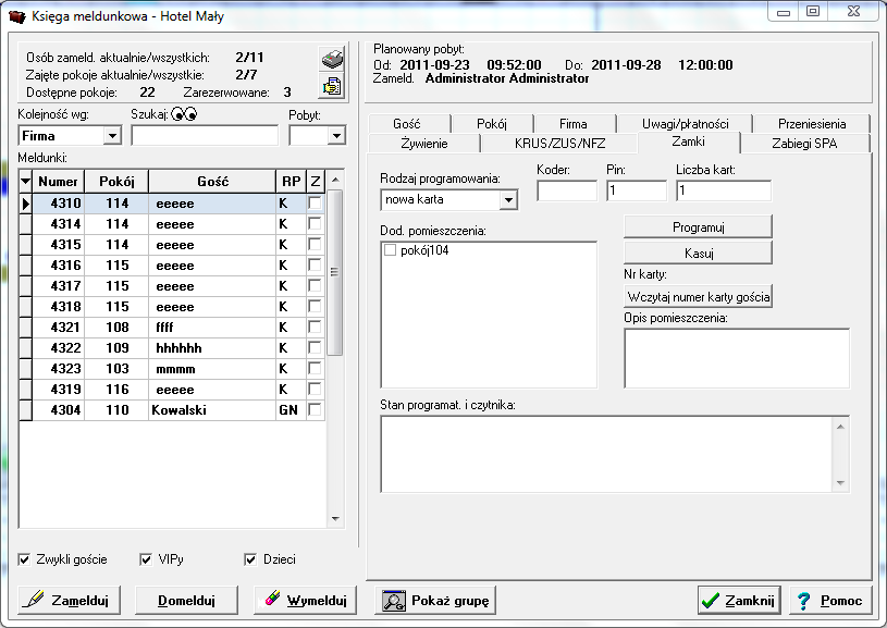 ZAMKI HOTELOWE Rysunek 56. Programowanie kart Inhova Zakładka Zamki w księdze meldunkowej.