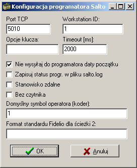 ZAMKI HOTELOWE Rysunek 58. Konfiguracja systemu zamków Salto - ustawienia programatora Konfiguracja programatora zamków polega na: wypełnienia pola Port TCP jakąś liczbą z przedziału 0..65535 np 5010.