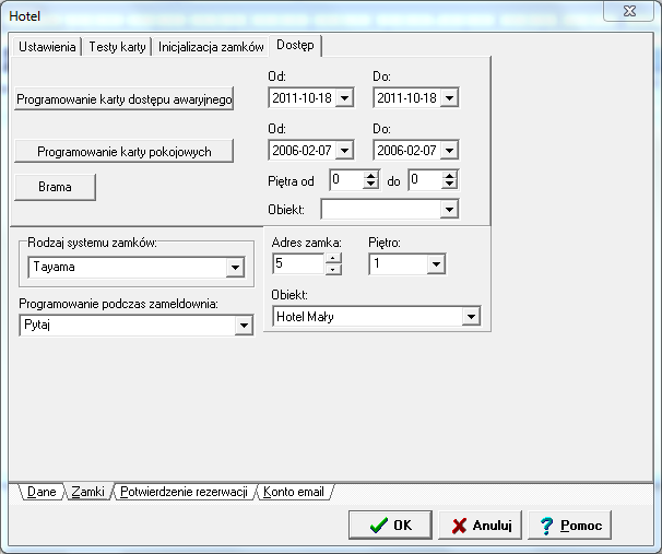 ZAMKI HOTELOWE Rysunek 68. Konfiguracja systemu zamków Tayama Dostęp W zakładce Dostęp jest możliwość zaprogramowania kart dla pokojowych.